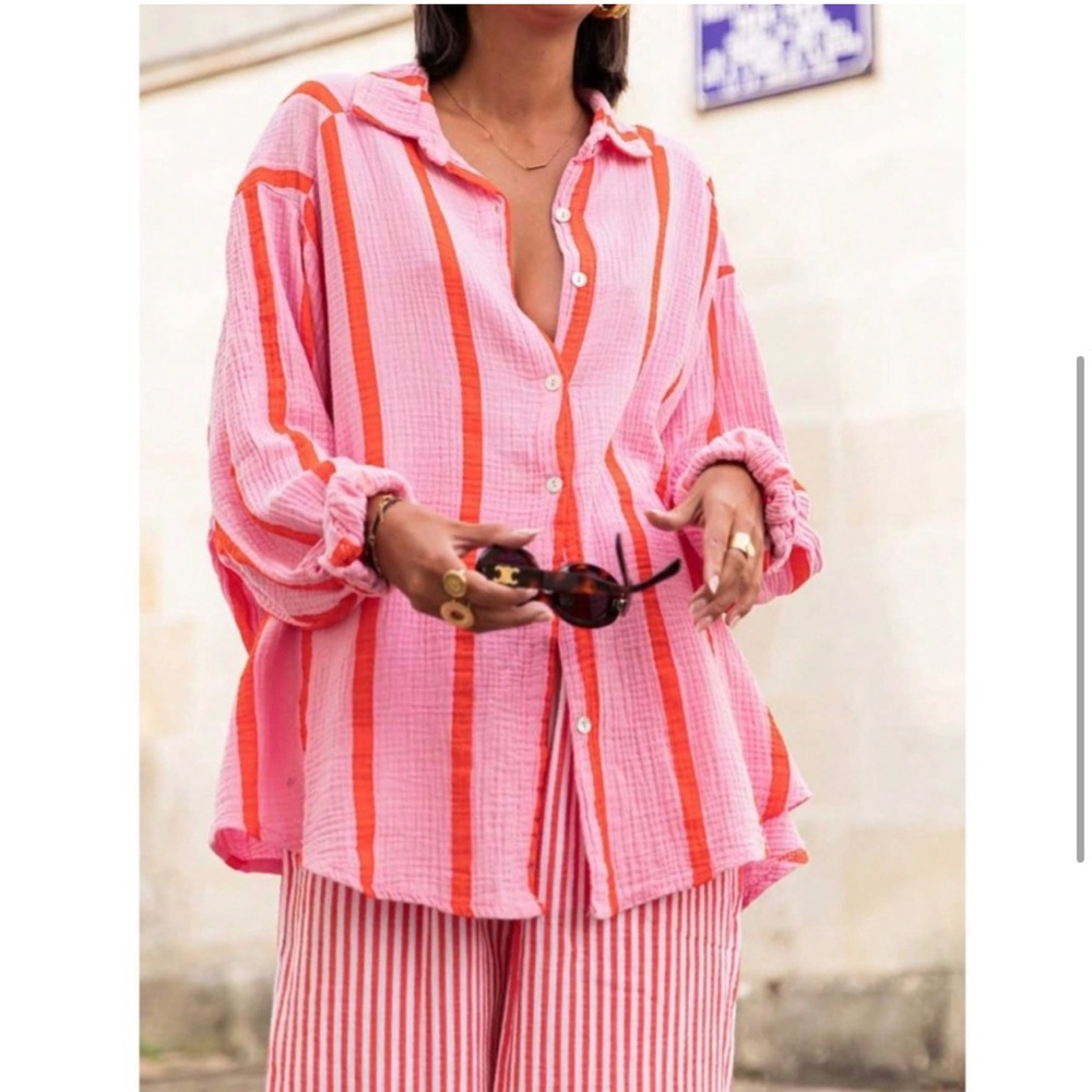 Pink Striped Oversized Button Down Shirt Long Sleeve - Picture 4 of 7